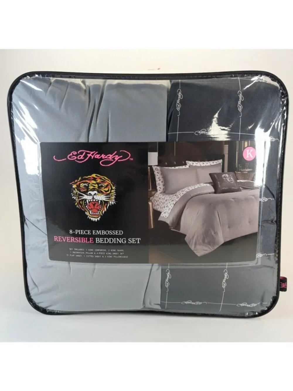 Ed Hardy King Comforter Set w Shams Pillow Sheets - Gray White Cards Dice Skull